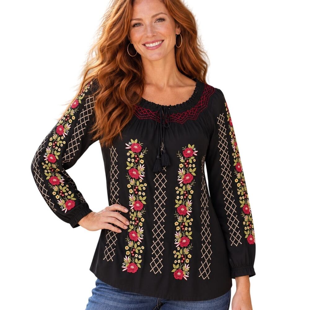 J. Jill Floral Embroidered Tassel Top Womens XS Black Peasant Flowy Boho Blouse
